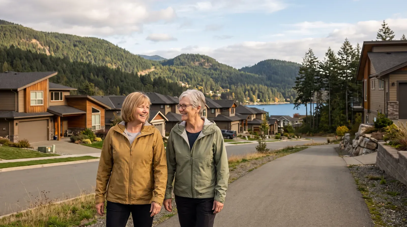Newer West Shore neighbourhoods against forested hills
