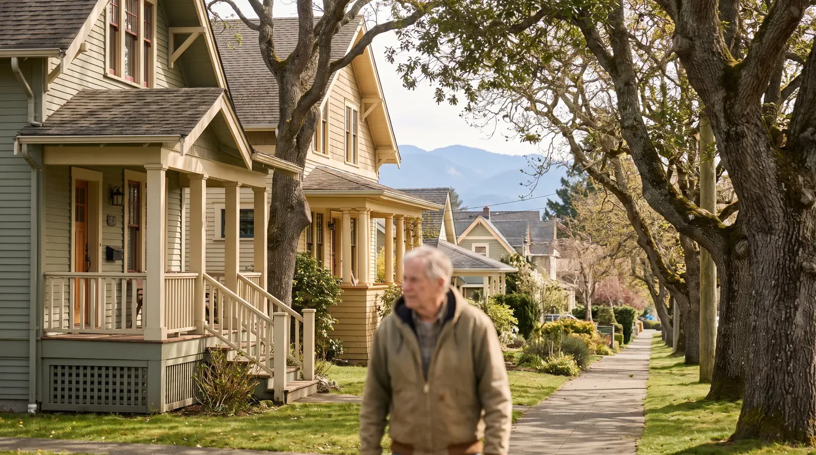 A residential street of character homes under mature trees in bright daylight