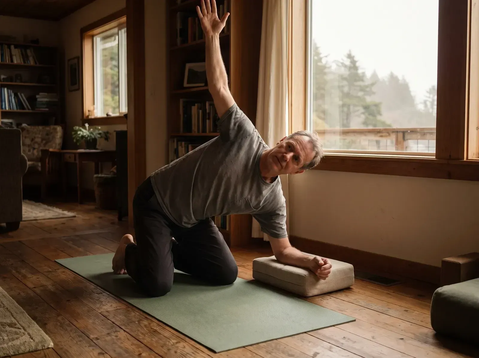 A slow controlled stretch on a mat with the weight supported